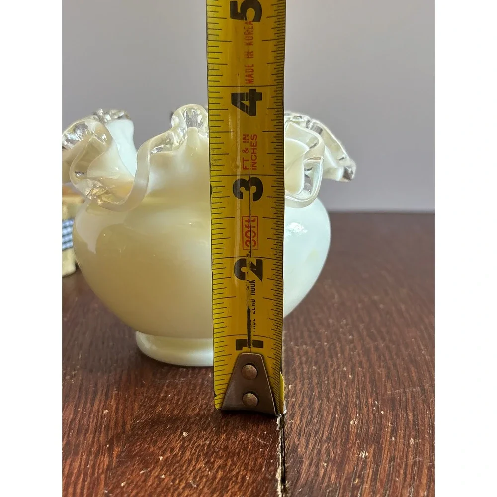 Fenton Custard Glass Rose Bowl Ruffled Rim Clear Crest Edge Vintage Art Glass